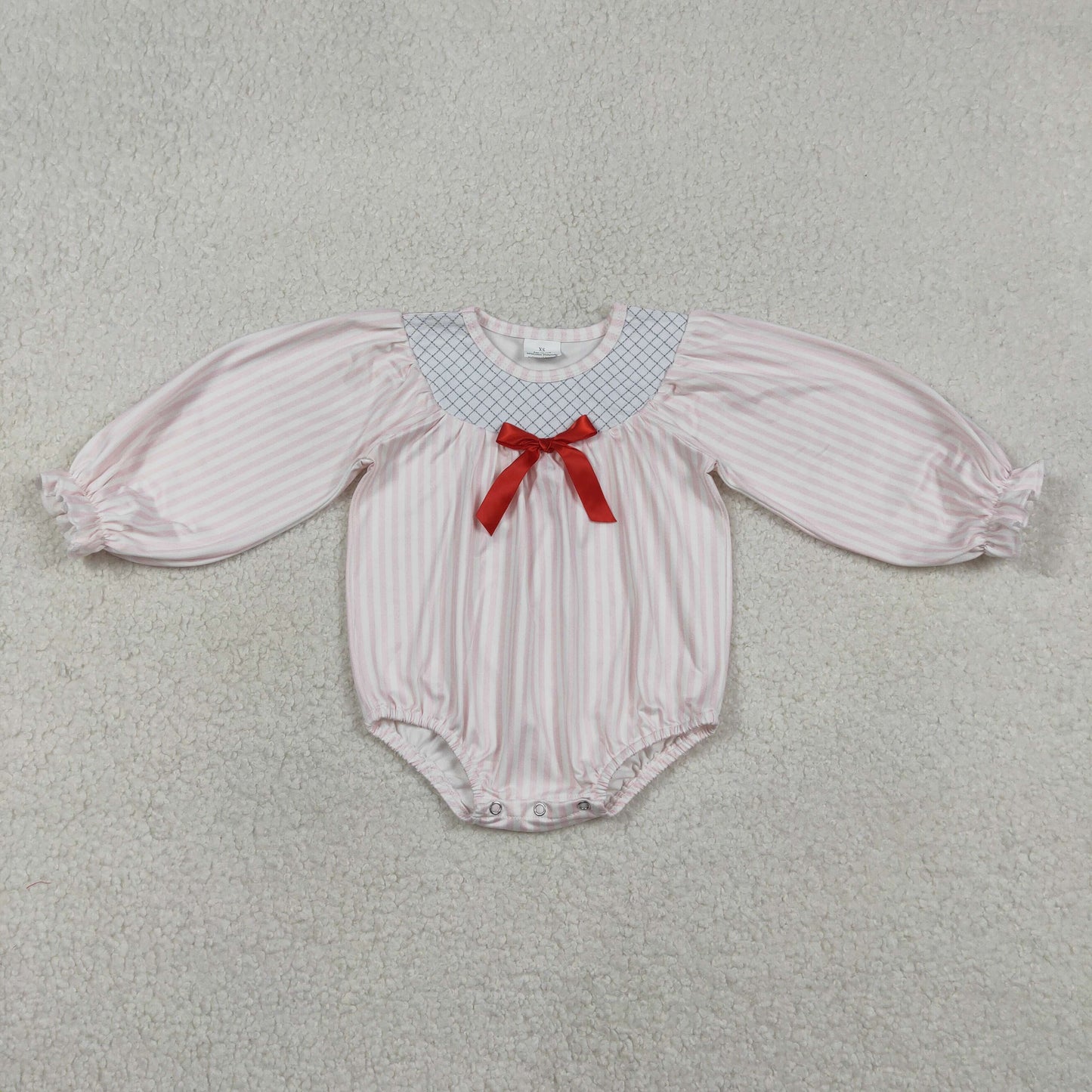LR2773 Embroidered Valentine's Day Pink Stripe Red Bow Long-Sleeved Girls Bubble Romper 202512 RTS