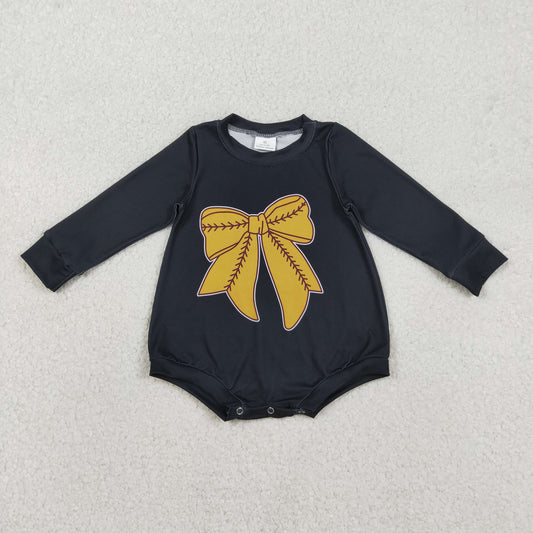 LR2774 Gold Baseball Bow Black Long-Sleeved Girls Bubble Romper 202511 RTS