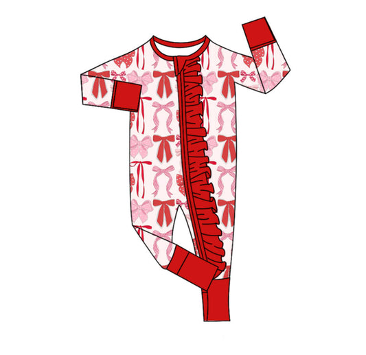 MOQ 5 Preorder LR2780 Valentine's Day Bows Red Ruffle Long-Sleeved Girls Romper 202510
