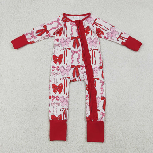LR2780 Valentine's Day Bows Red Ruffle Long-Sleeved Girls Romper 202512 RTS