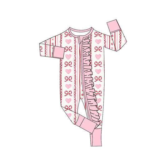 MOQ 5 Preorder LR2781 Valentine's Day Love Bows Pink Ruffle Long-Sleeved Girls Romper 202510