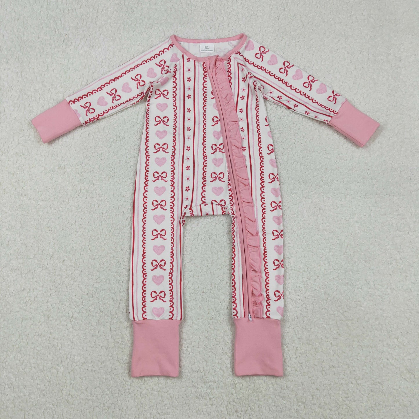 LR2781 Valentine's Day Love Bows Pink Ruffle Long-Sleeved Girls Romper 202511 RTS