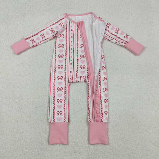LR2781 Valentine's Day Love Bows Pink Ruffle Long-Sleeved Girls Romper 202511 RTS
