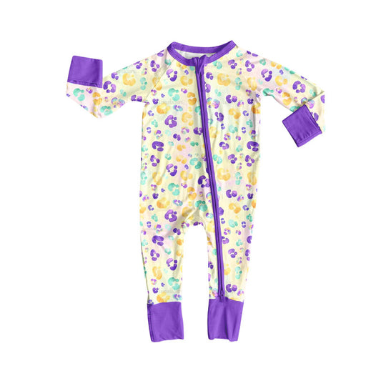 MOQ 5 Preorder LR2782 Mardi Gras Colored Leopard Purple Zipper Long-Sleeved Girls Romper 202510