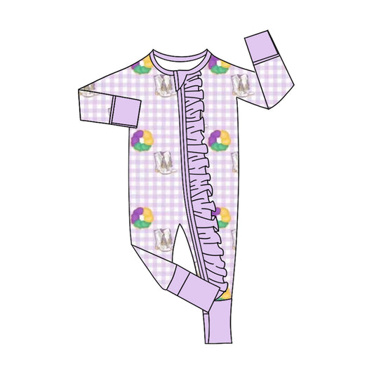 MOQ 5 Preorder LR2783 Mardi Gras Purple Plaid Ruffle Zipper Long-Sleeved Girls Romper 202510