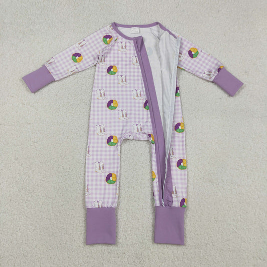LR2783 Mardi Gras Purple Plaid Ruffle Zipper Long-Sleeved Girls Romper 202512 RTS