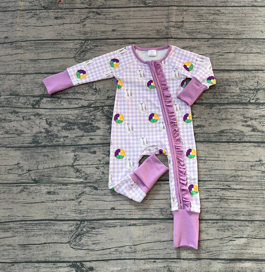 NO MOQ Preorder LR2783 Mardi Gras Purple Plaid Ruffle Zipper Long-Sleeved Girls Romper 202511