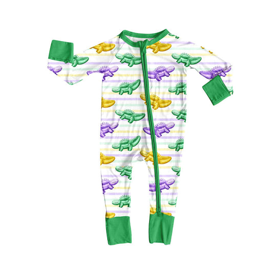 MOQ 5 Preorder LR2784 Mardi Gras Crocodile Stripe Green Zipper Long-Sleeved Girls Romper 202510