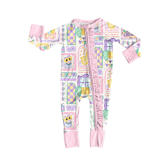 MOQ 5 Preorder LR2785 Mardi Gras Mask Kitten Window Pink Ruffle Zipper Long-Sleeved Girls Romper 202510