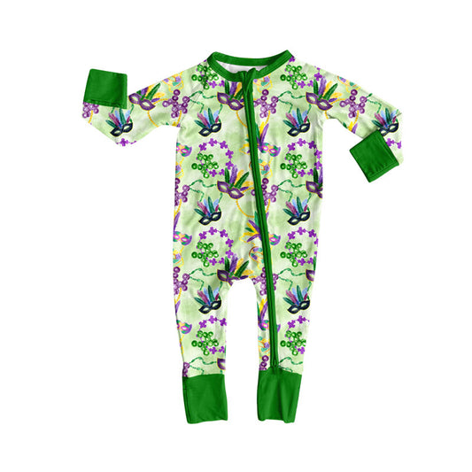 MOQ 5 Preorder LR2786 Mardi Gras Green Feather Mask Zipper Long-Sleeved Girls Romper 202510