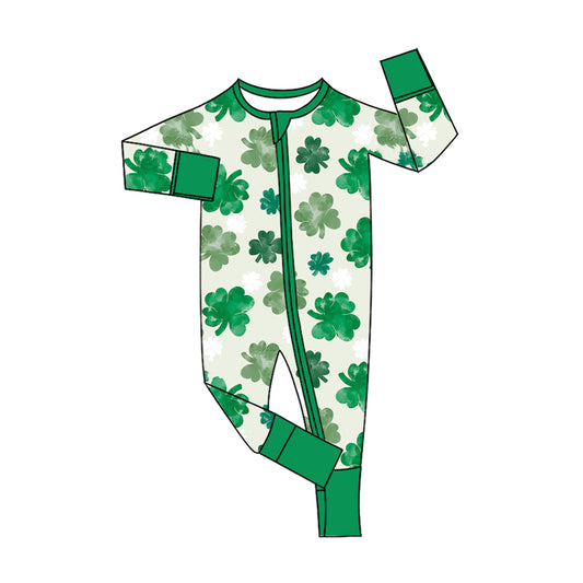 MOQ 5 Preorder LR2787 Clover Green Zipper Long-Sleeved Girls Romper 202510