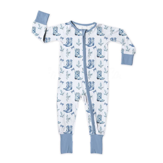 MOQ 5 preorder LR2789 Flower Boots Blue Zipper Long-Sleeved Girls Romper 202510