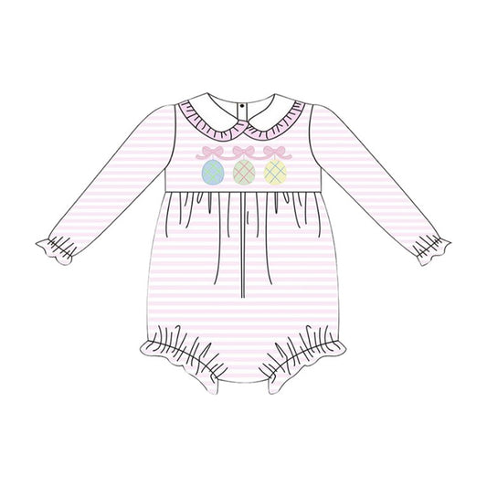 MOQ 5 preorder LR2790 Easter Eggs Bows Pink Stripe Doll Collar Long-Sleeved Girls Bubble Romper 202510