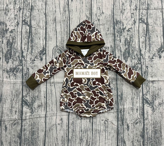 NO MOQ preorder LR2791 Embroidered MAMA'S BOY Army Green Camouflage Hooded Long-Sleeved Boys Bubble Romper 202510