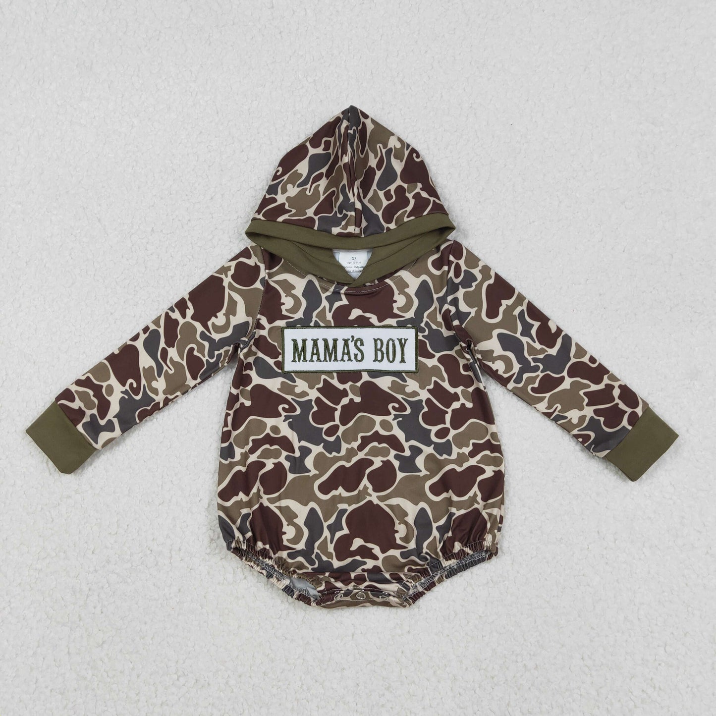 LR2791 Embroidered MAMA'S BOY Army Green Camouflage Hooded Long-Sleeved Boys Bubble Romper 202512 RTS