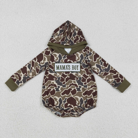LR2791 Embroidered MAMA'S BOY Army Green Camouflage Hooded Long-Sleeved Boys Bubble Romper 202512 RTS