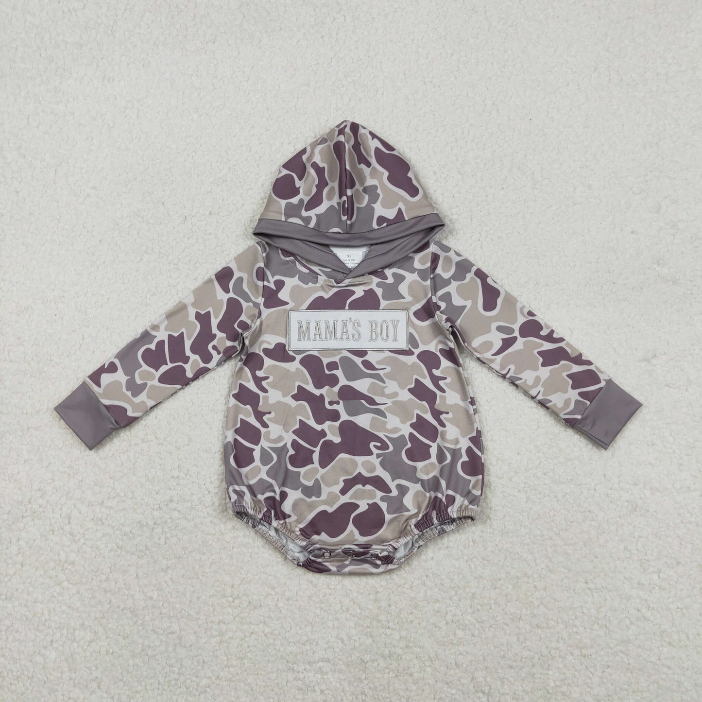 LR2792 Embroidered MAMA'S BOY Gray Green Camouflage Hooded Long-Sleeved Boys Bubble Romper 202511 RTS