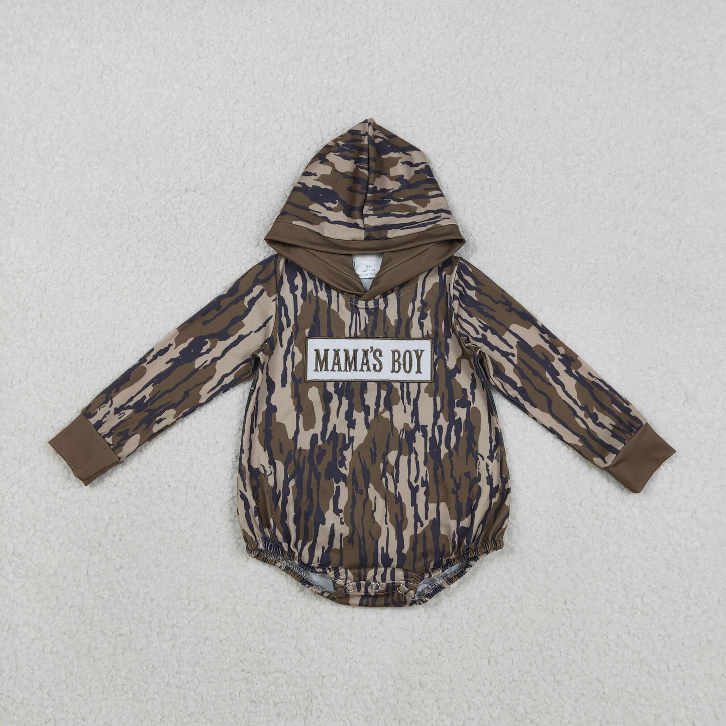 LR2793 Embroidered MAMA'S BOY Army Green Leaf Camouflage Hooded Long-Sleeved Boys Bubble Romper 202511 RTS