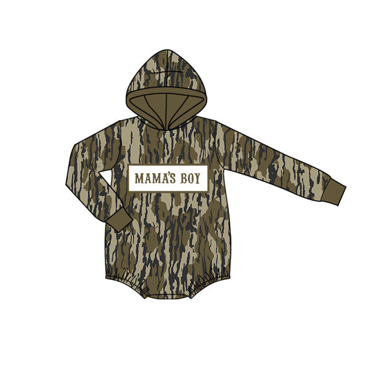 MOQ 5 preorder LR2793 MAMA'S BOY Army Green Leaf Camouflage Hooded Long-Sleeved Boys Bubble Romper 202510