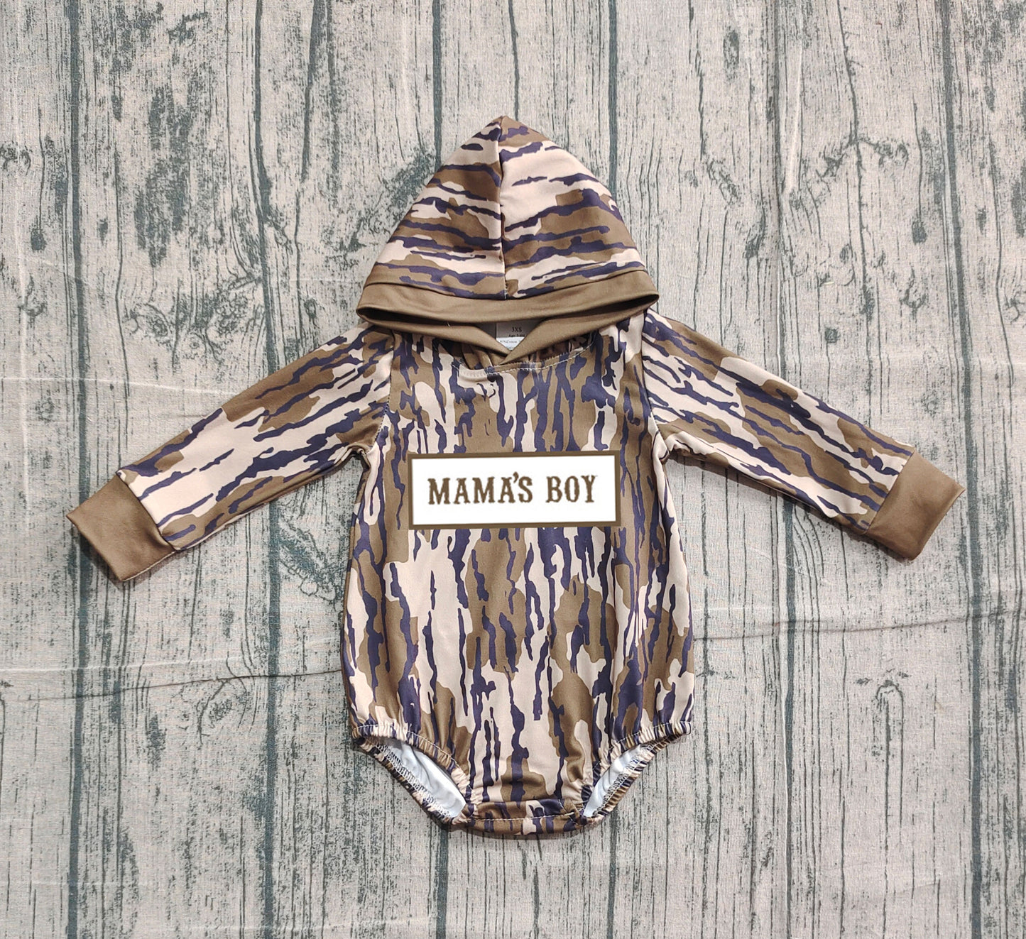 NO MOQ preorder LR2793 Embroidered MAMA'S BOY Army Green Leaf Camouflage Hooded Long-Sleeved Boys Bubble Romper 202510