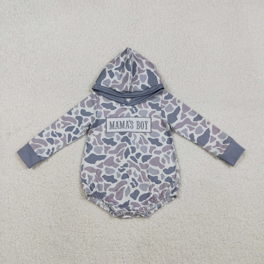 LR2794 Embroidered MAMA'S BOY Gray Blue Camouflage Hooded Long-Sleeved Boys Bubble Romper 202511 RTS