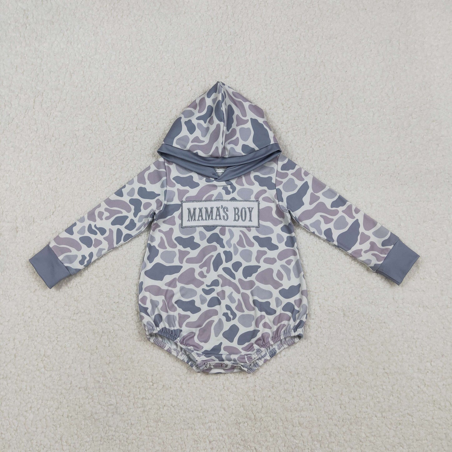 LR2794 Embroidered MAMA'S BOY Gray Blue Camouflage Hooded Long-Sleeved Boys Bubble Romper 202511 RTS
