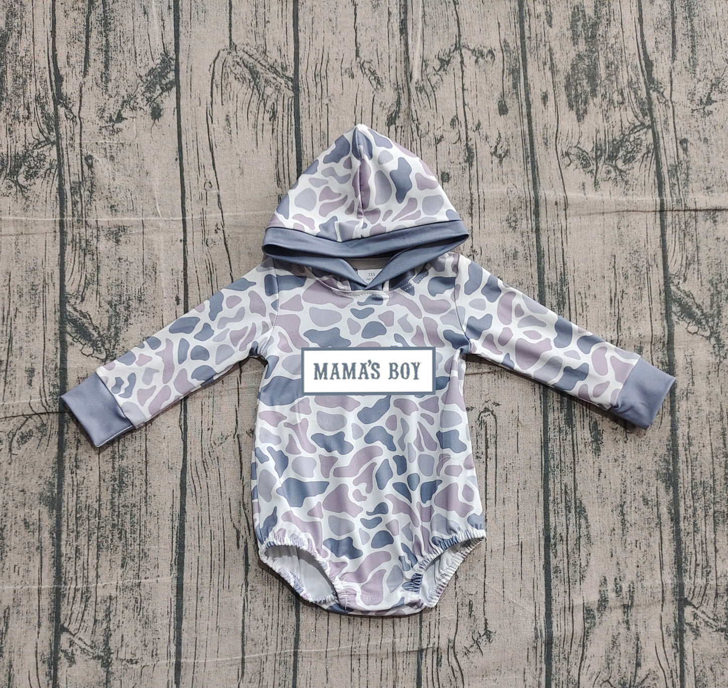 NO MOQ preorder LR2794 Embroidered MAMA'S BOY Gray Blue Camouflage Hooded Long-Sleeved Boys Bubble Romper 202510