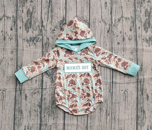 NO MOQ preorder LR2795 Embroidered MAMA'S BOY Green Camouflage Hooded Long-Sleeved Boys Bubble Romper 202510