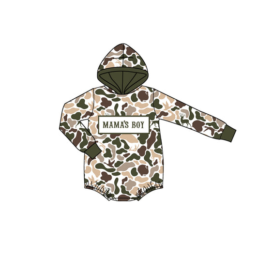 MOQ 5 preorder LR2797 MAMA'S BOY Deer Hunting Camouflage Army Green Hooded Long-Sleeved Boys Bubble Romper 202510