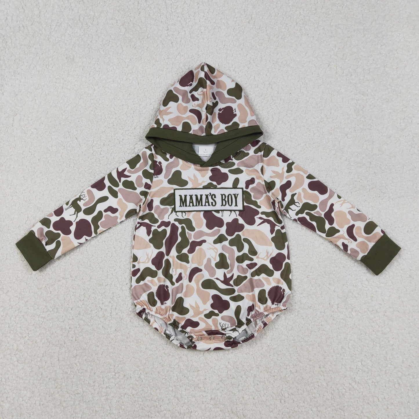 LR2797 Embroidered MAMA'S BOY Deer Hunting Camouflage Army Green Hooded Long-Sleeved Boys Bubble Romper 202512 RTS