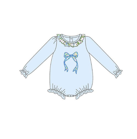 MOQ 5 preorder LR2807 Flower Bow Ruffle Blue Long-Sleeved Girls Bubble Romper 202510