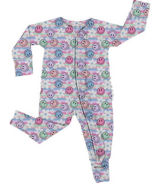 MOQ 5 preorder LR2808 Flower Smile Face Pink Blue Stripe Long-Sleeved Girls Romper 202510
