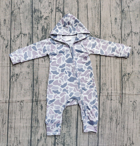 NO MOQ preorder LR2813 Cool Boy Gray Blue Camouflage Hooded Zipper Long-Sleeved Romper 202510