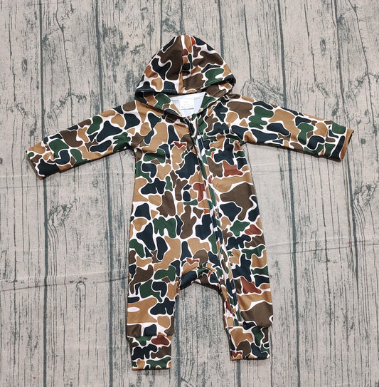 NO MOQ preorder LR2815 Cool Boy Brown Green Camouflage Hooded Zipper Long-Sleeved Romper 202510