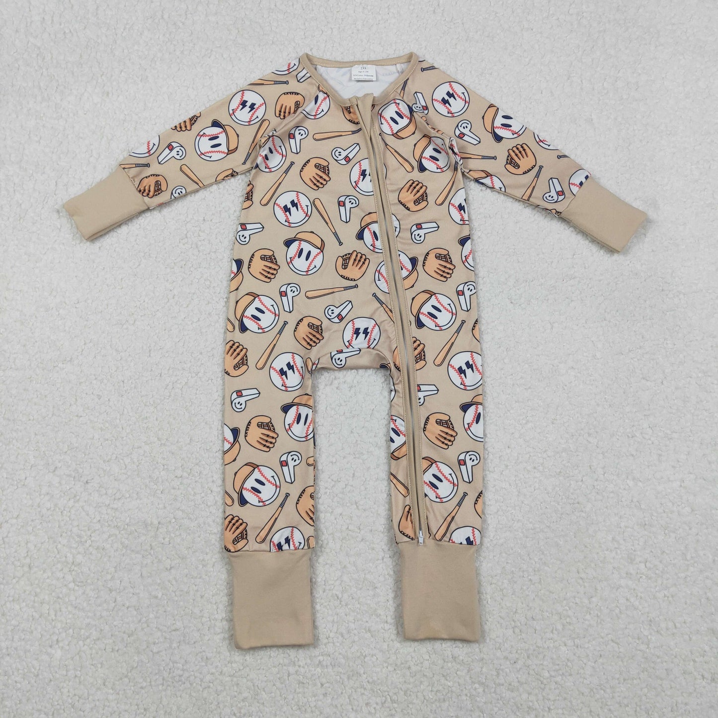 LR2816 Baseball Smile Face Beige Brown Zipper Long-Sleeved Boys Romper 202511 RTS