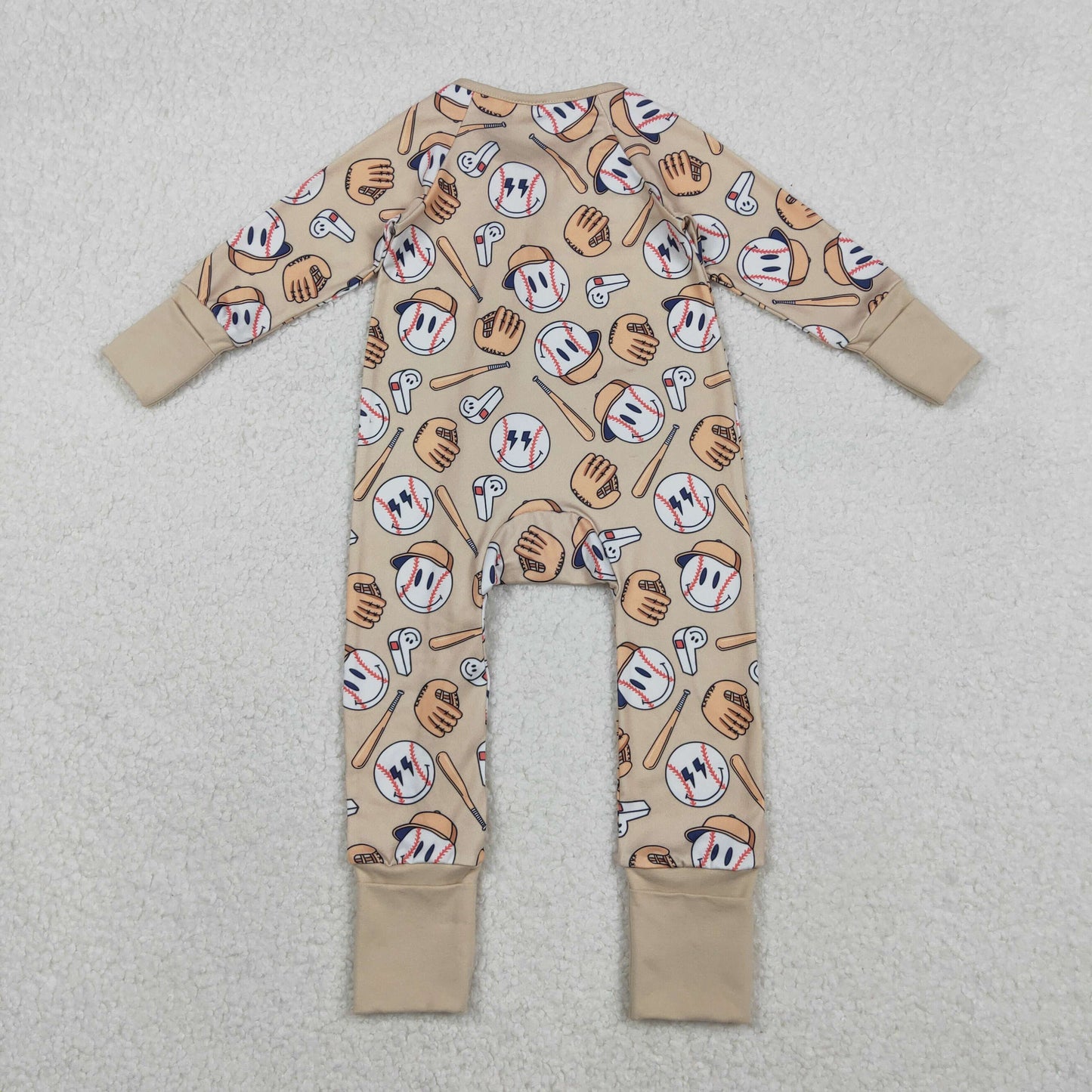 LR2816 Baseball Smile Face Beige Brown Zipper Long-Sleeved Boys Romper 202511 RTS