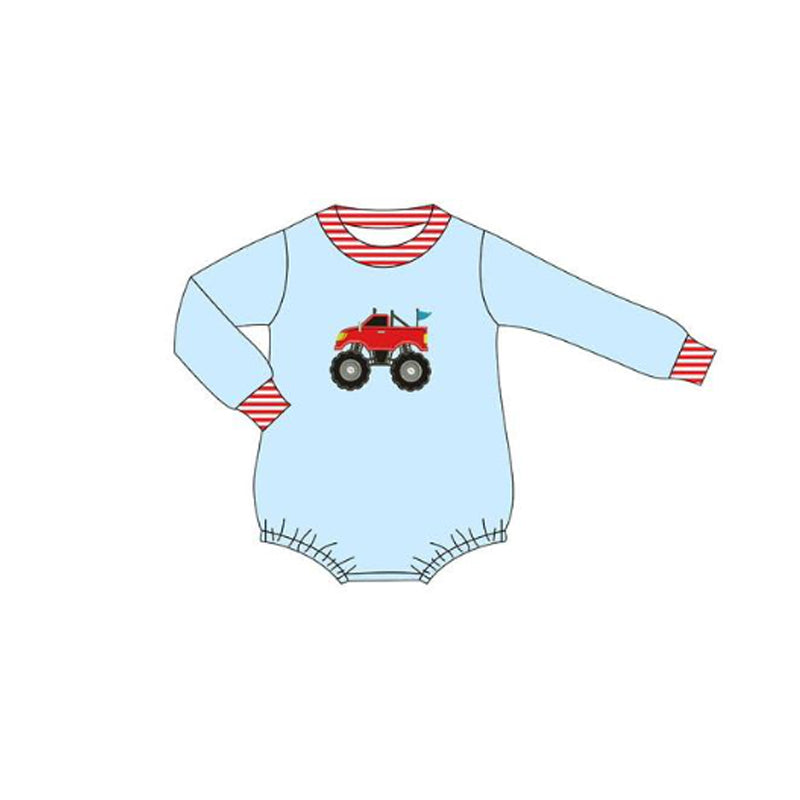 MOQ 5 preorder LR2819 Jeep Off-Road Vehicle Red Stripe Blue Long-Sleeved Boys Bubble Romper 202510