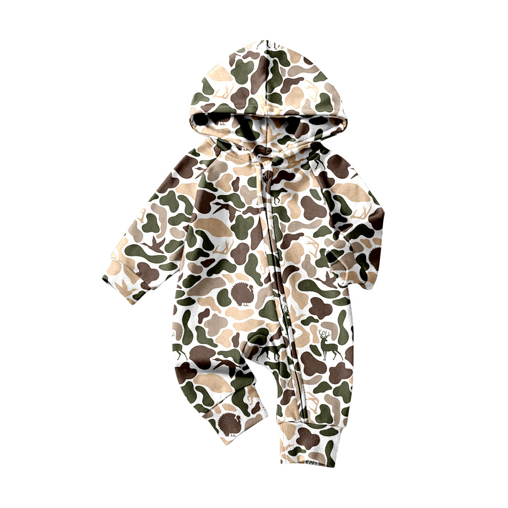 MOQ 5 preorder LR2825 Cool Boy Puppy Duck Hunting Camouflage Hooded Zipper Long-Sleeved Romper 202510