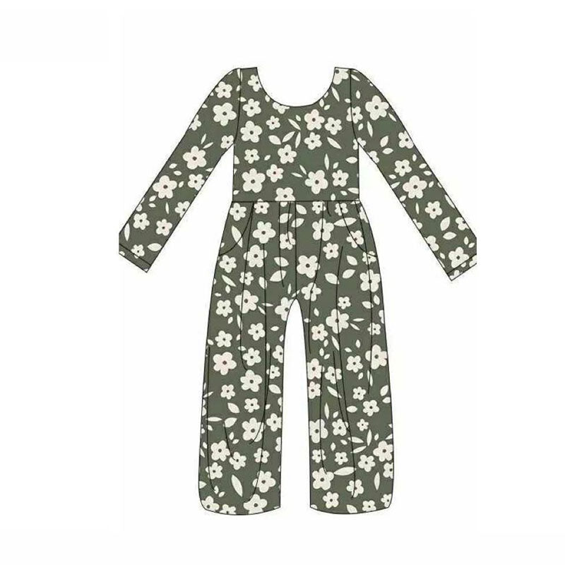 MOQ 5 preorder LR2828 Flower Gray Green Long Sleeve Girls Overalls Jumpsuit 202510