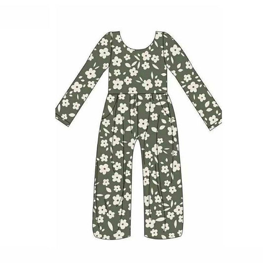MOQ 5 preorder LR2828 Flower Gray Green Long Sleeve Girls Overalls Jumpsuit 202510