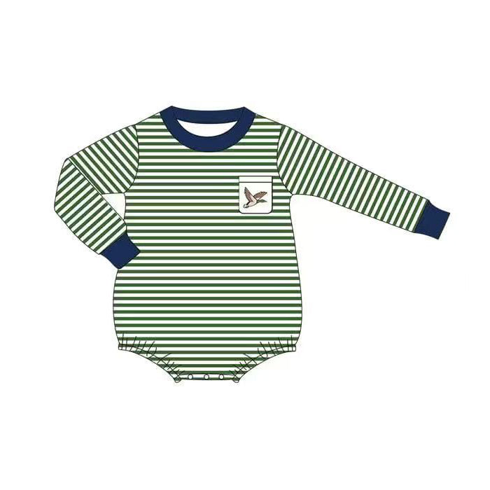 MOQ 5 preorder LR2831 Duck Hunting Pocket Green Stripe Blue Neck Long-Sleeved Boys Bubble Romper 202510