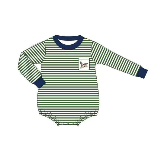 MOQ 5 preorder LR2831 Duck Hunting Pocket Green Stripe Blue Neck Long-Sleeved Boys Bubble Romper 202510