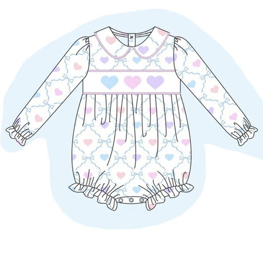 MOQ 5 preorder LR2833 Colorful Heart Bow Pattern Plaid Doll Collar Long-Sleeved Girls Bubble Romper 202510