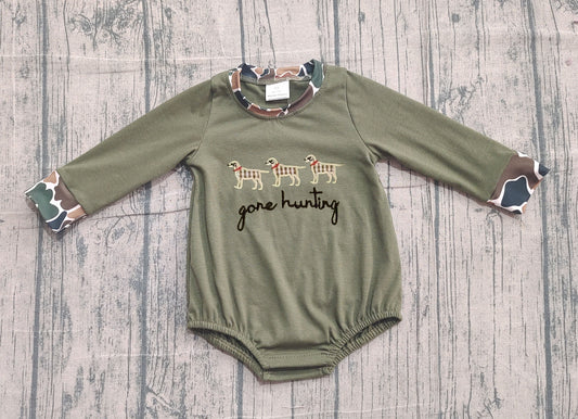 NO MOQ preorder LR2836 Gone Hunting Puppy Camouflage Army Green Long-Sleeved Boys Bubble Romper 202511