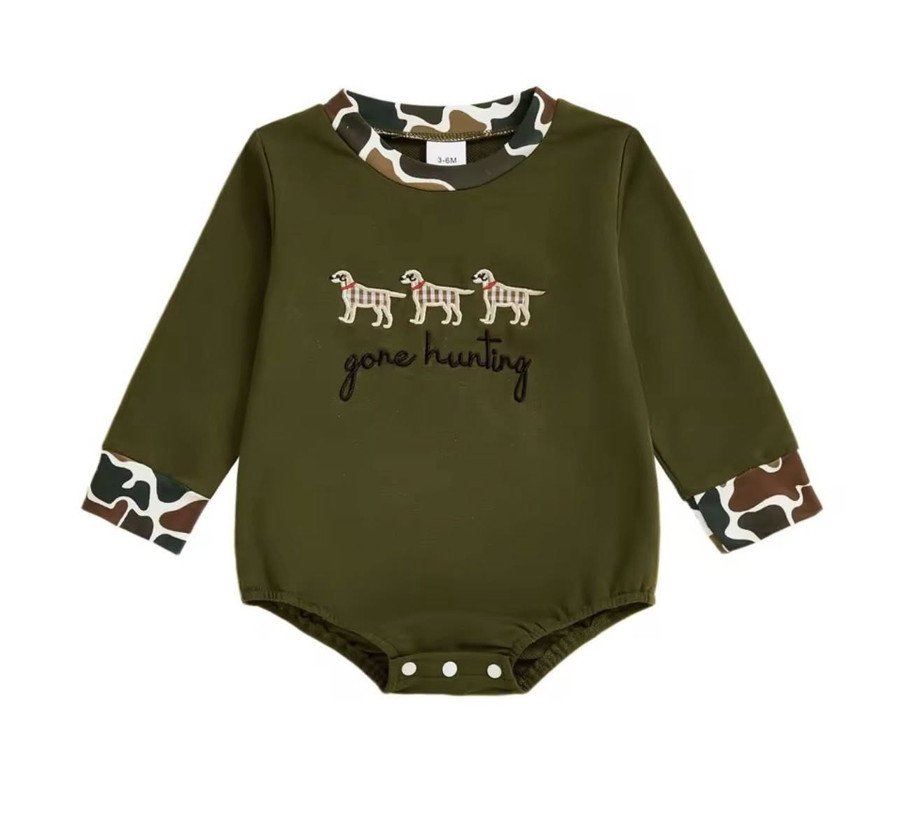 MOQ 5 preorder LR2836 Gone Hunting Puppy Camouflage Army Green Long-Sleeved Boys Bubble Romper 202510
