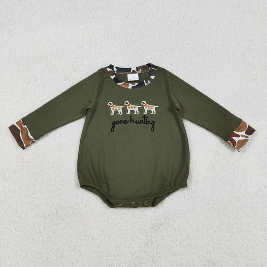 LR2836 Embroidered Gone Hunting Puppy Camouflage Army Green Long-Sleeved Boys Bubble Romper 202512 RTS