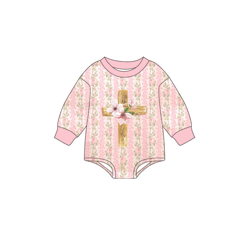 MOQ 5 preorder LR2837 Easter Cross Flower Pink Long-Sleeved Girls Bubble Romper 202510