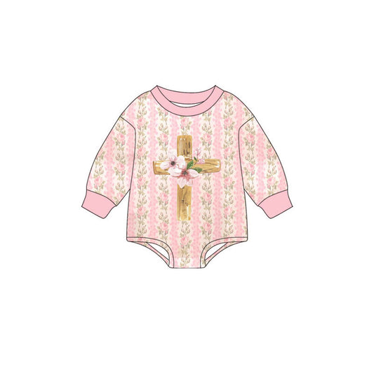 MOQ 5 preorder LR2837 Easter Cross Flower Pink Long-Sleeved Girls Bubble Romper 202510