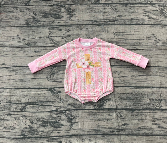 NO MOQ preorder LR2837 Easter Cross Flower Pink Long-Sleeved Girls Bubble Romper 202511
