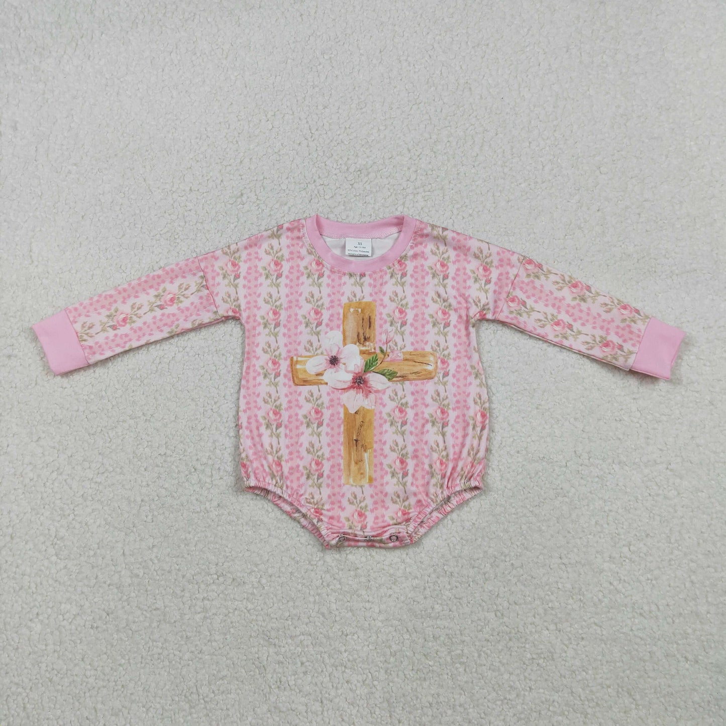 LR2837 Easter Cross Flower Pink Long-Sleeved Girls Bubble Romper 202512 RTS